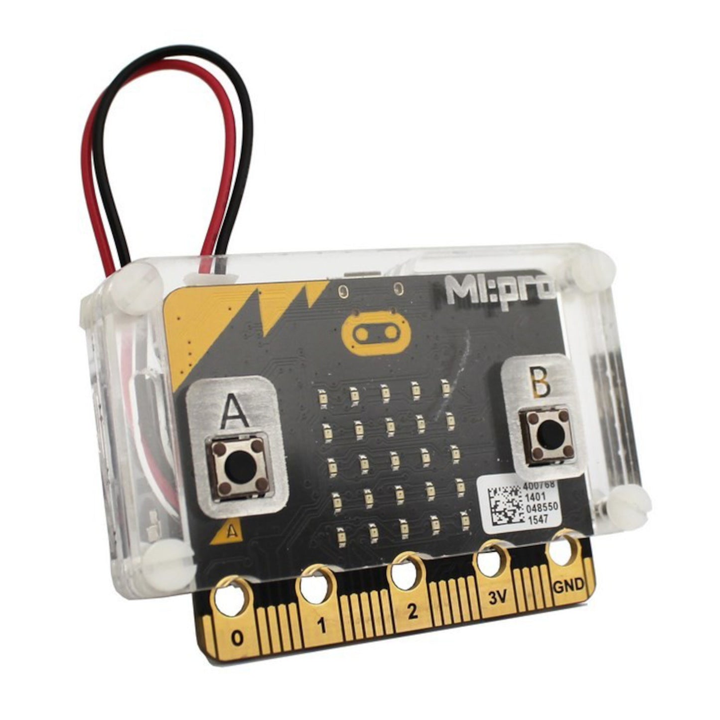 Micro:bit kabinet sort/guld, rektangulær med knapper A/B, LED-grid, kantstik, gennemsigtigt cover, ledninger øverst.