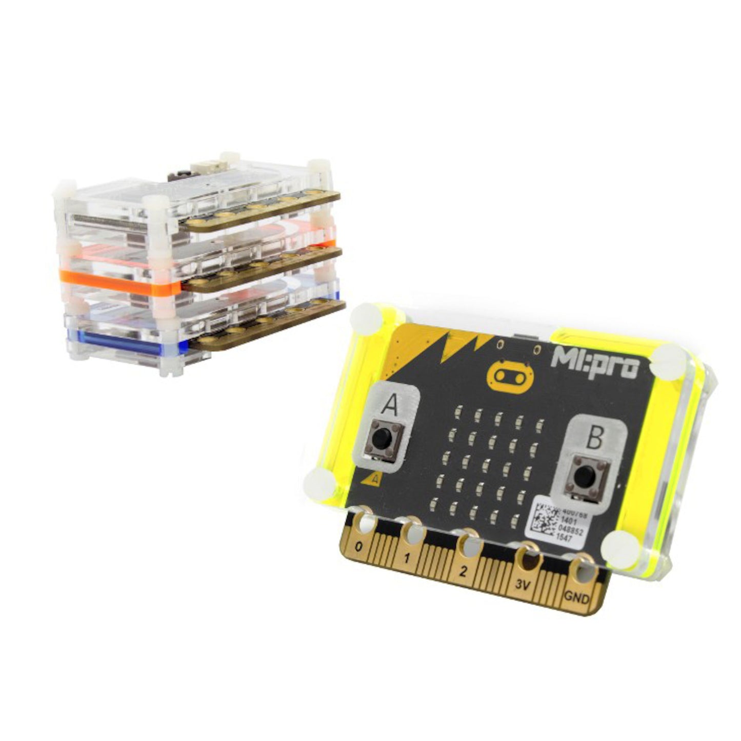 Micro:bit Mi:pro board med gule kanter, tre transparente kabinetter til micro:bit med farvede bånd i baggrunden.
