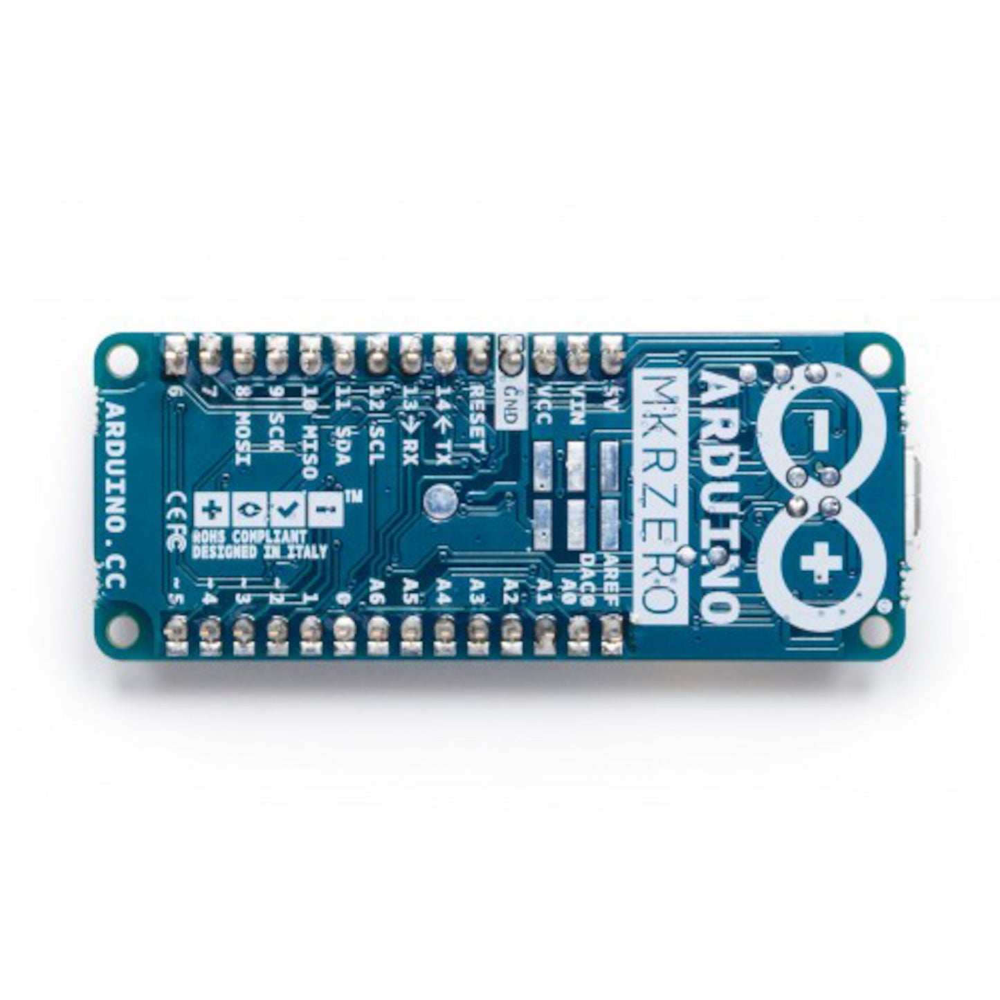 Arduino MKR Zero udviklingskort blå PCB, hvide labels, synlige pins og komponenter, Micro-SD-kortlæser og I2S-understøttelse.
