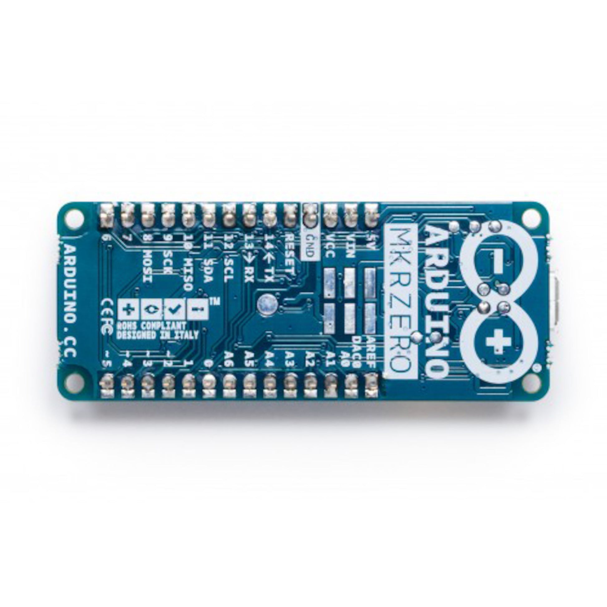 Arduino MKR Zero udviklingskort blå PCB, hvide labels, synlige pins og komponenter, Micro-SD-kortlæser og I2S-understøttelse.