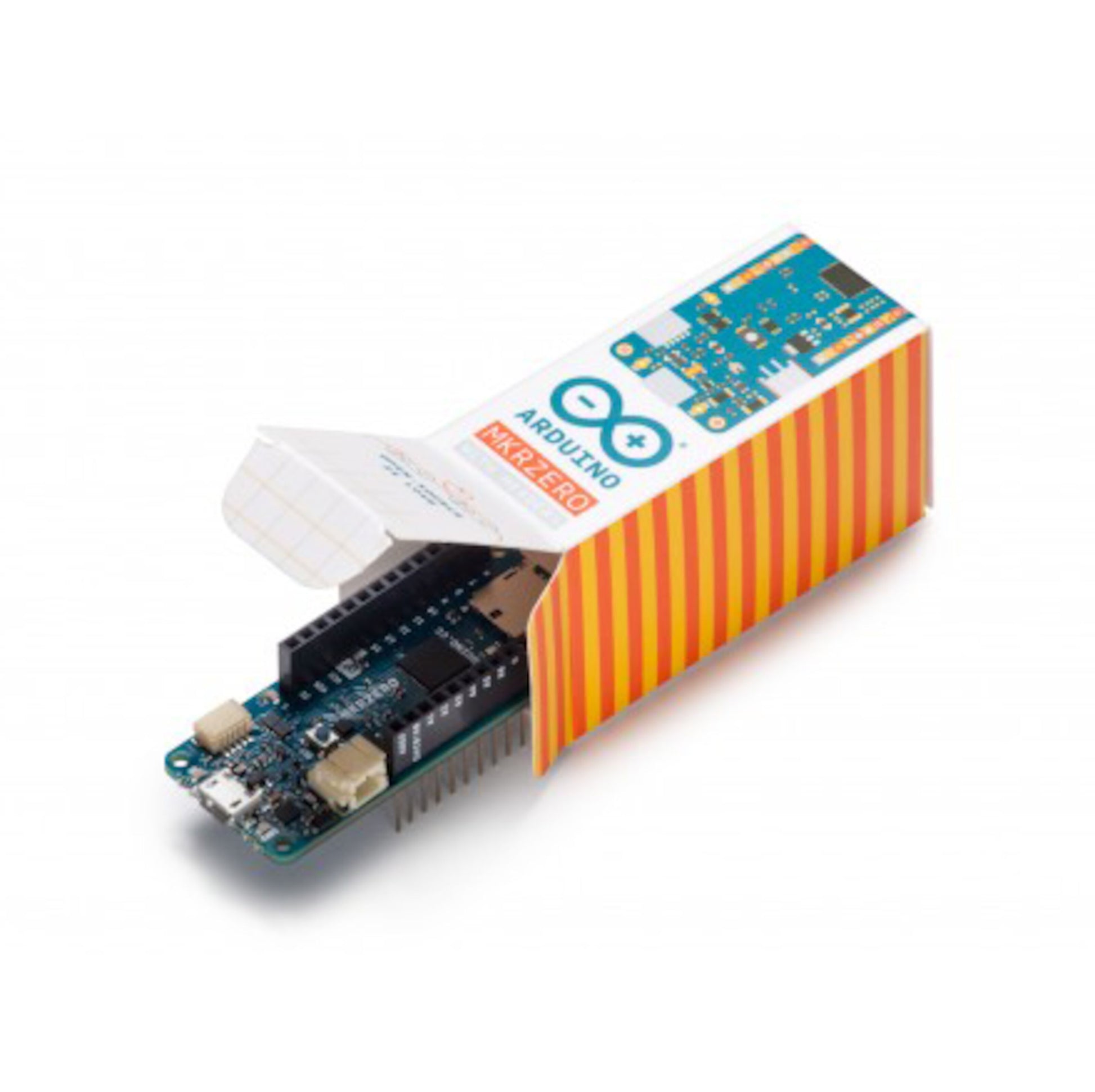 Arduino MKR Zero udviklingskort, turkis, synlige pins og komponenter, Micro-SD-kortlæser, delvist i stribet emballage.
