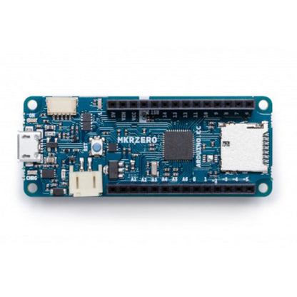 Arduino MKR Zero udviklingskort, blåt med mærkede pins, I2S-understøttelse, micro USB port og Micro-SD-kortlæser.