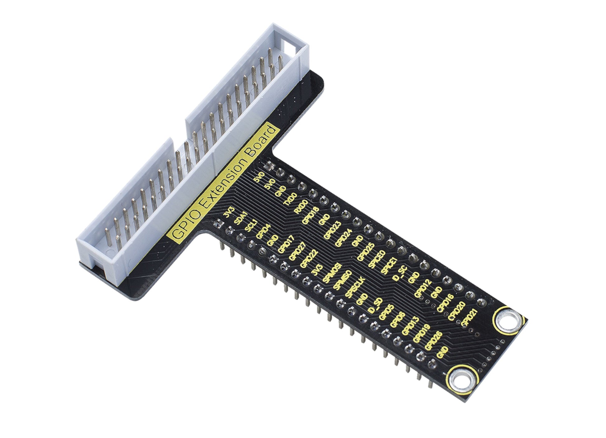 40-pin breakout-kit til Raspberry Pi, sort T-formet board med mærkede GPIO-porte til tilslutning af eksterne enheder.