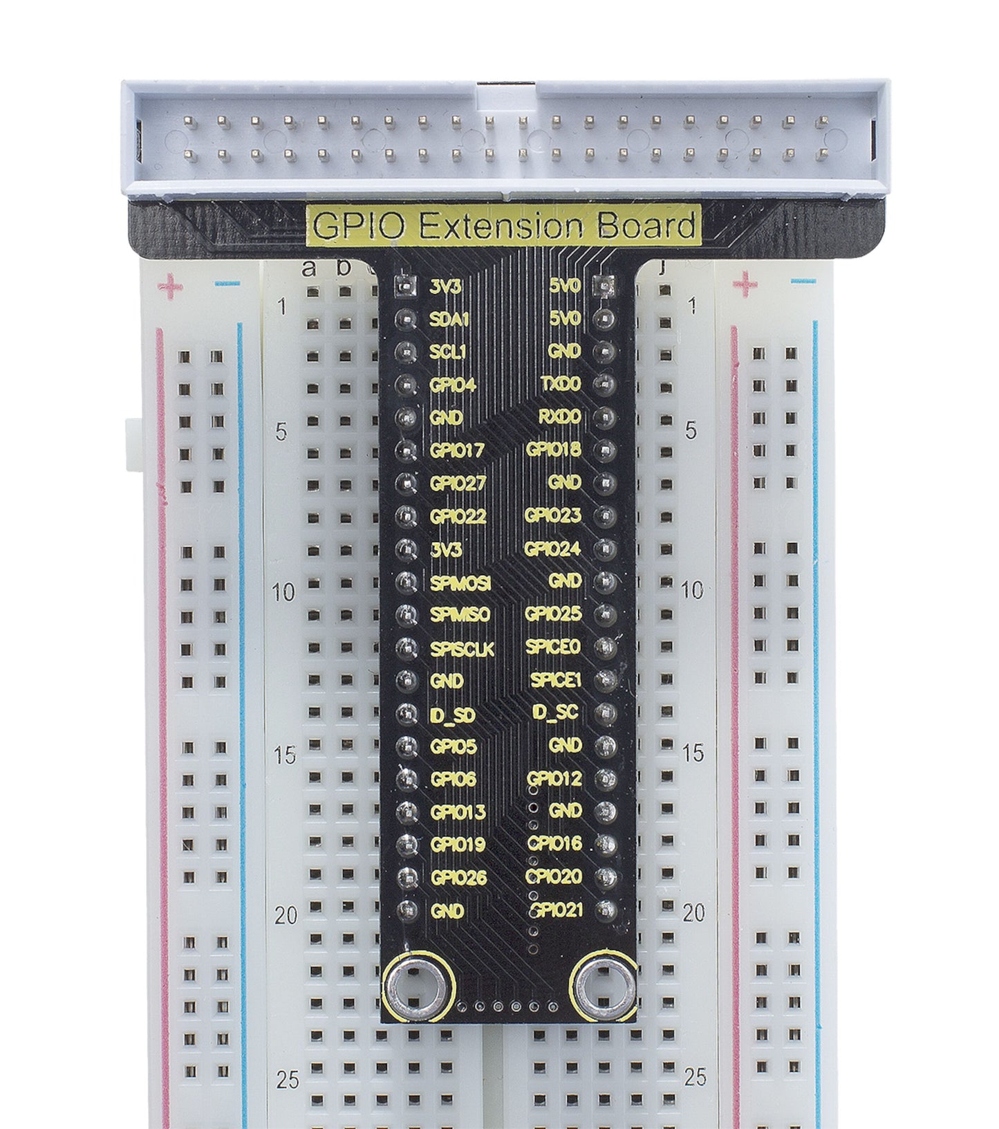 40-pin breakout kit til Raspberry Pi, sort GPIO board med guld-belagte ben på hvid breadboard med blå/røde terminaler.