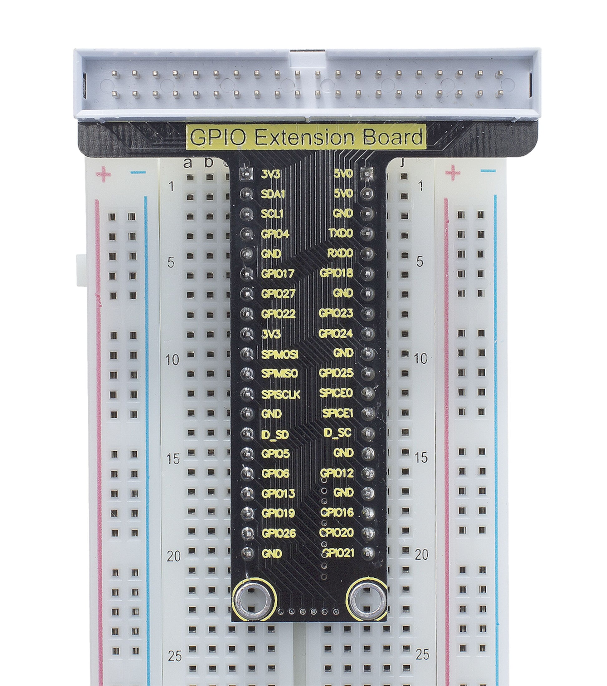 40-pin breakout kit til Raspberry Pi, sort GPIO board med guld-belagte ben på hvid breadboard med blå/røde terminaler.