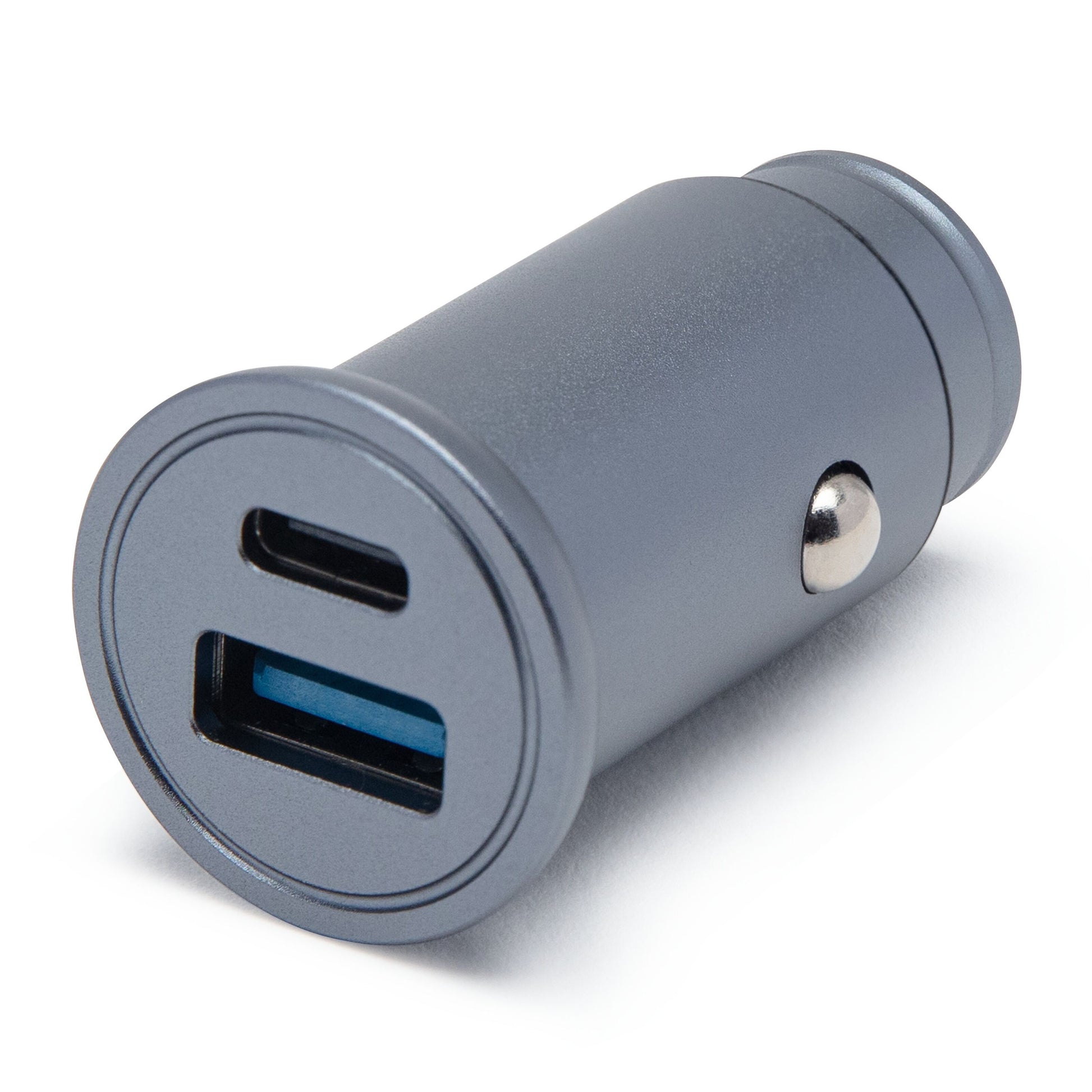 Linocell biloplader 30W med USB-C og USB-A porte, hurtigopladning, sort, kompakt model.