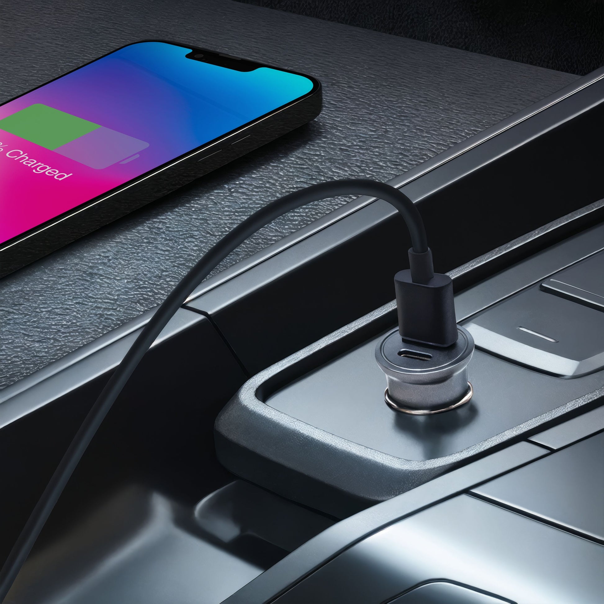 Linocell smartphone oplades på bilkonsol med Linocell 30W USB-C hurtigoplader tilsluttet bilens strømudtag.