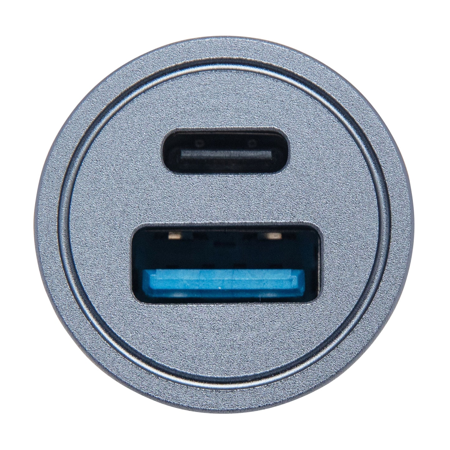 Linocell Biloplader med hurtigopladning 30 W, cirkulært metalpanel med centreret USB-C og blå USB-A port.