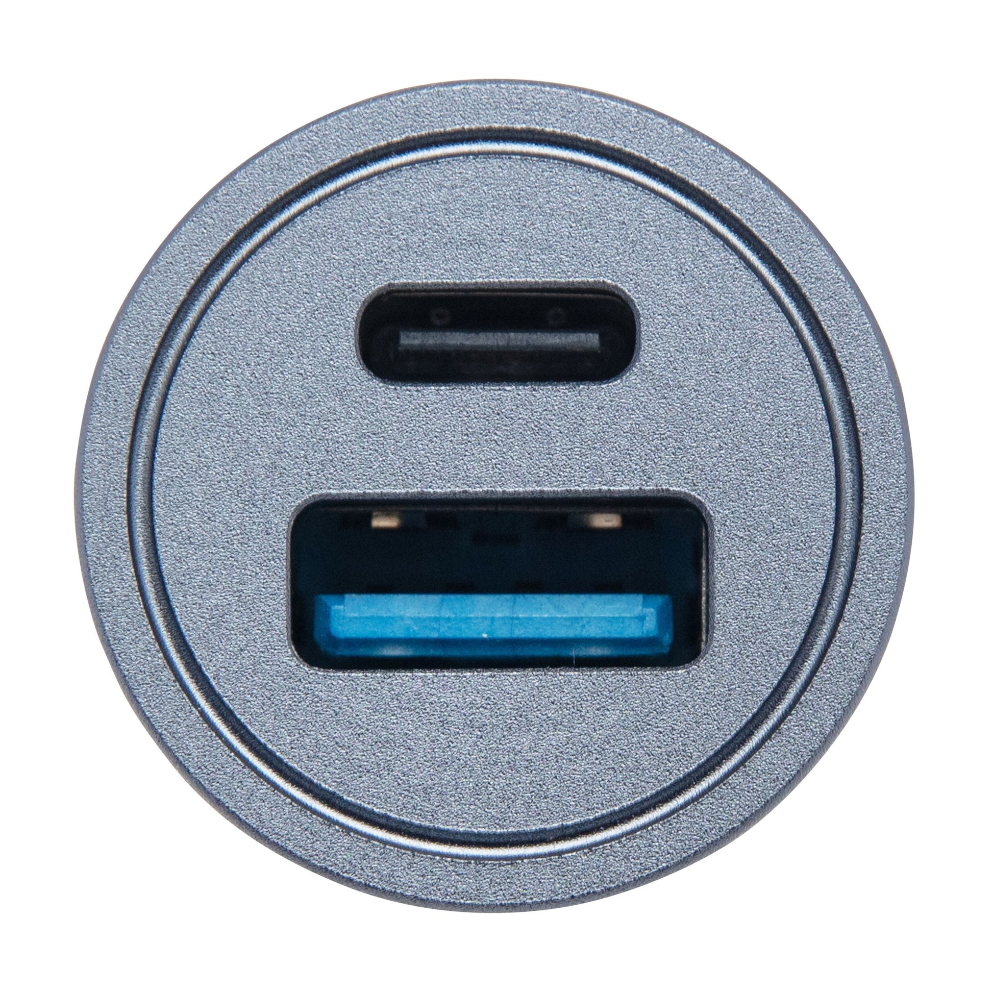 Linocell Biloplader med hurtigopladning 30 W, cirkulært metalpanel med centreret USB-C og blå USB-A port.