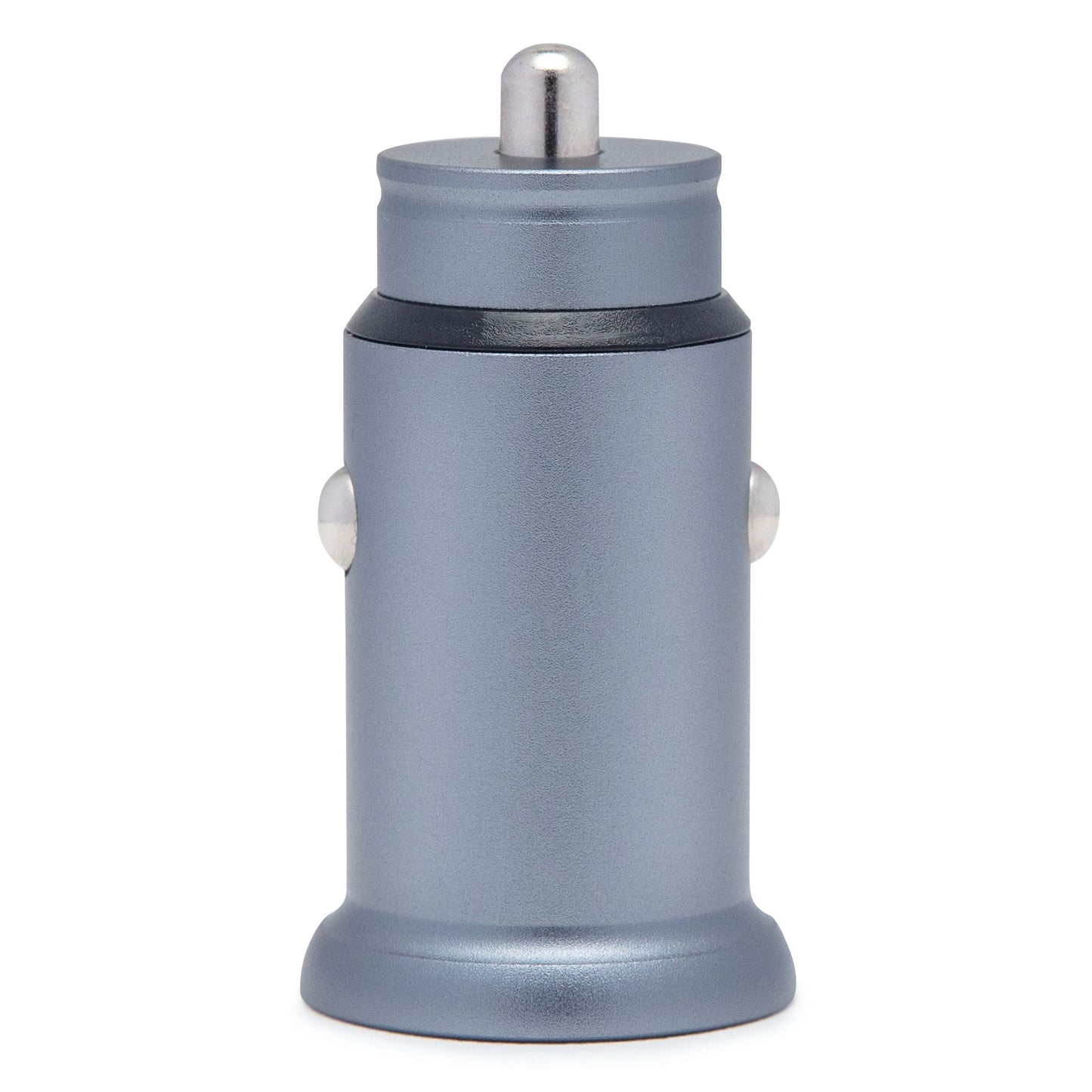 Biloplader 30 W, metallic grå cylinder, afrundet top, metalliske sideknapper, USB-C port til hurtigopladning.
