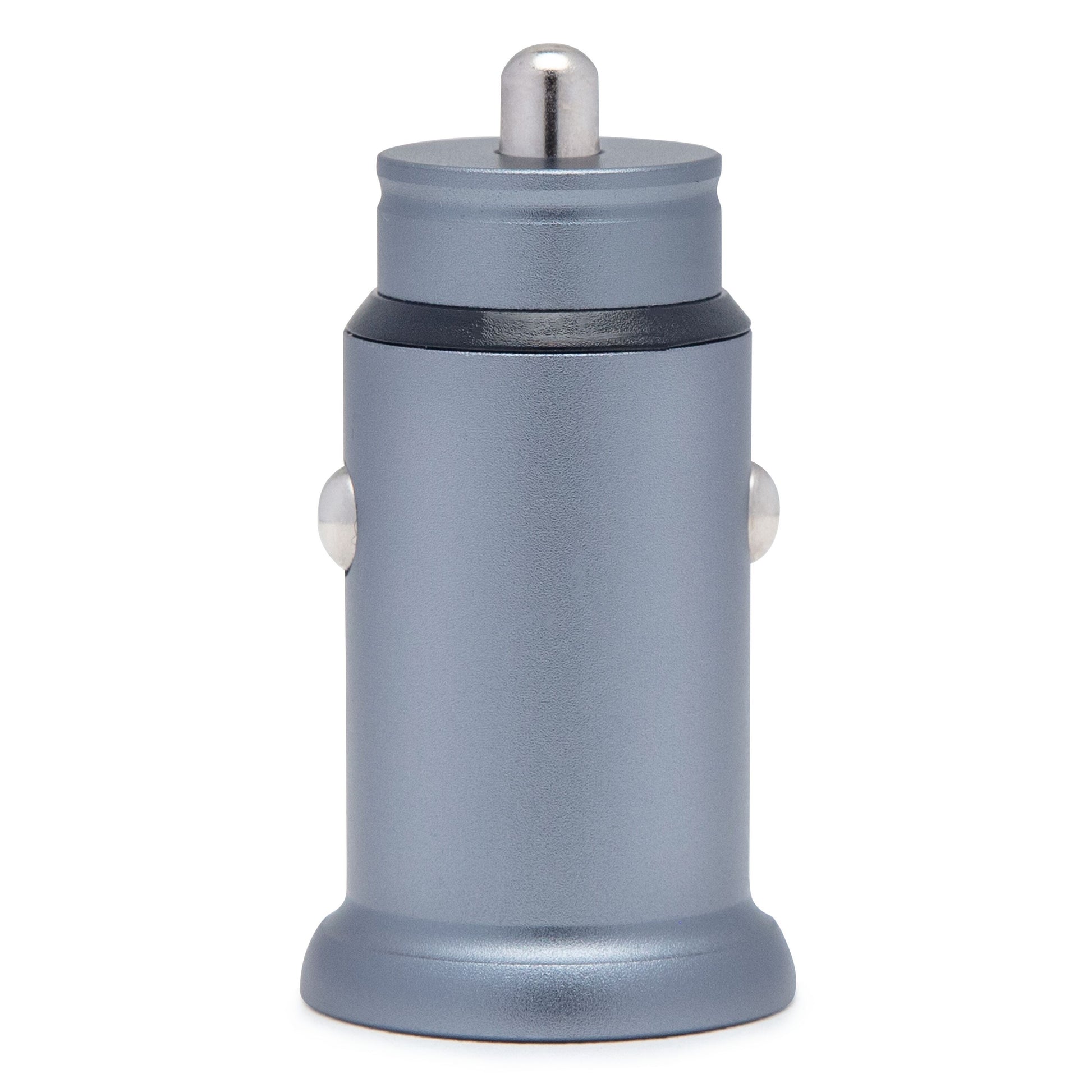 Biloplader 30 W, metallic grå cylinder, afrundet top, metalliske sideknapper, USB-C port til hurtigopladning.