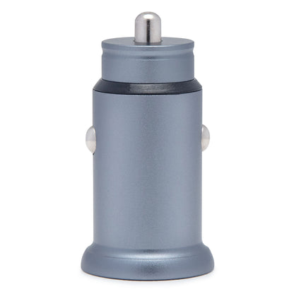 Biloplader 30 W, metallic grå cylinder, afrundet top, metalliske sideknapper, USB-C port til hurtigopladning.
