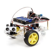 Arduino Robotbil Startpakke, to hjul, gule hjul, transparent chassis, batteripakke, printplader, frontsensorer.