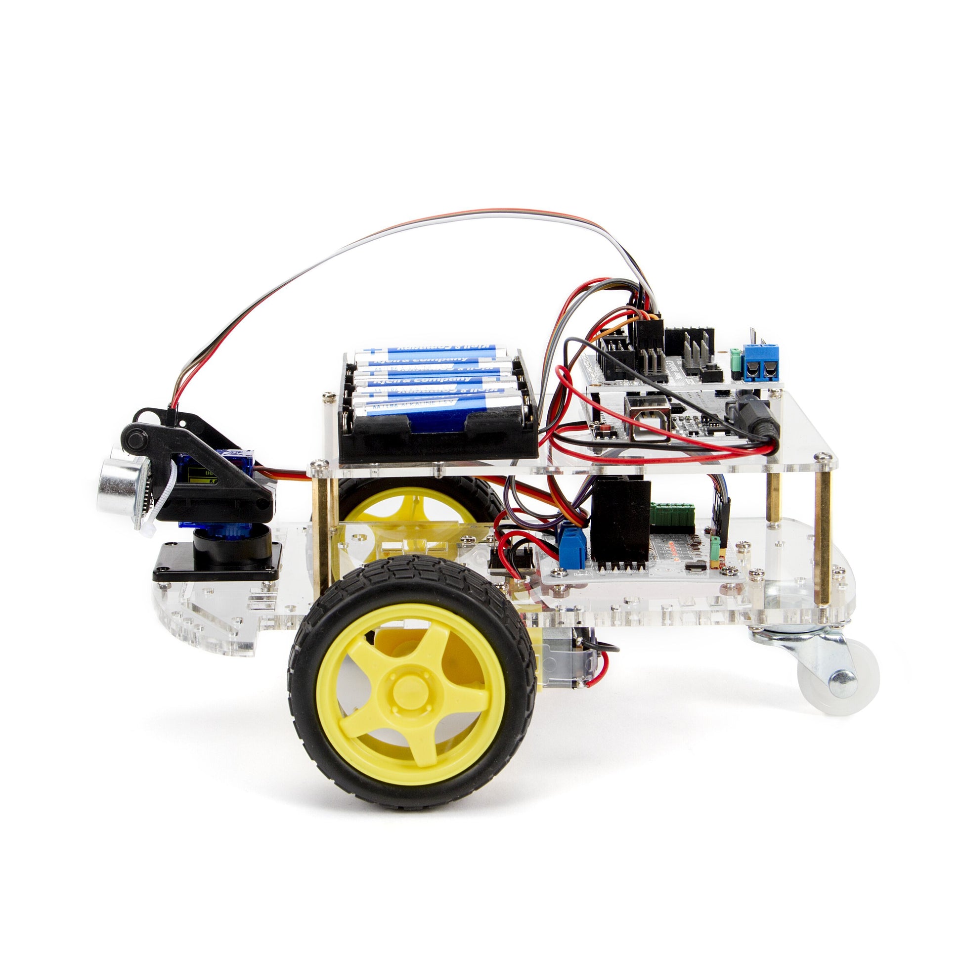 Arduino Robotbil Startpakke lille robot-kit med gule hjul, gennemsigtigt chassis, elektroniske komponenter og batterier.