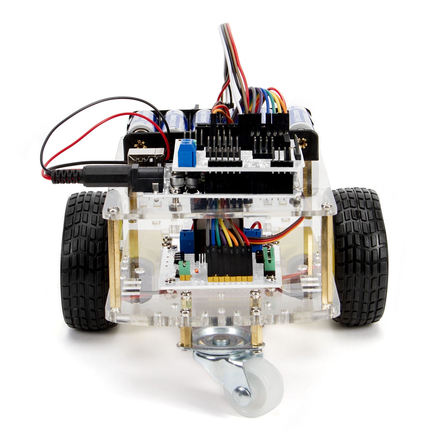 Arduino Robotbil Startpakke med to hjul, gennemsigtigt chassis, elektroniske dele, printplader, ledninger og frontstyrerhjul.
