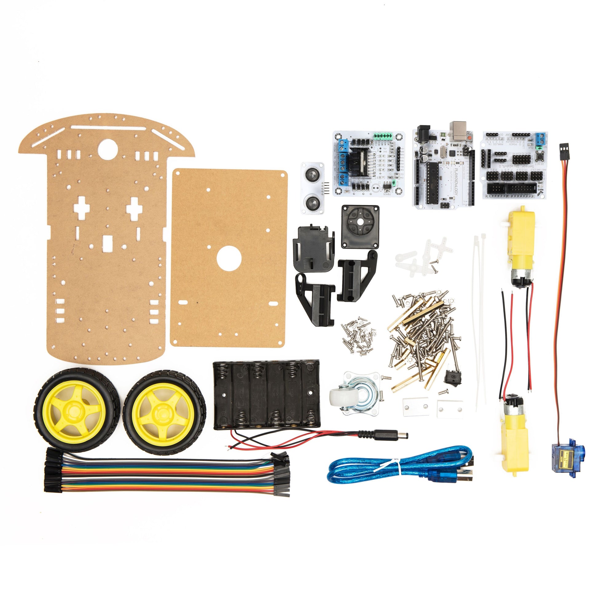 Arduino Robotbil Startpakke med to gule hjul, trächassis, elektroniske boards, motorer, ledninger og batteripakke.