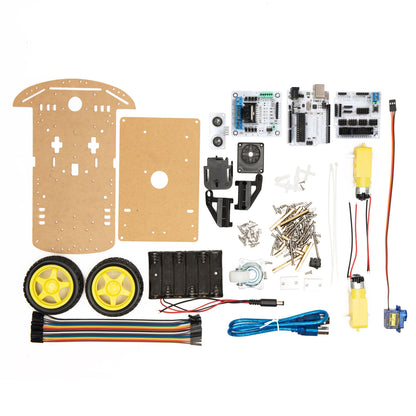 Arduino Robotbil Startpakke med to gule hjul, trächassis, elektroniske boards, motorer, ledninger og batteripakke.