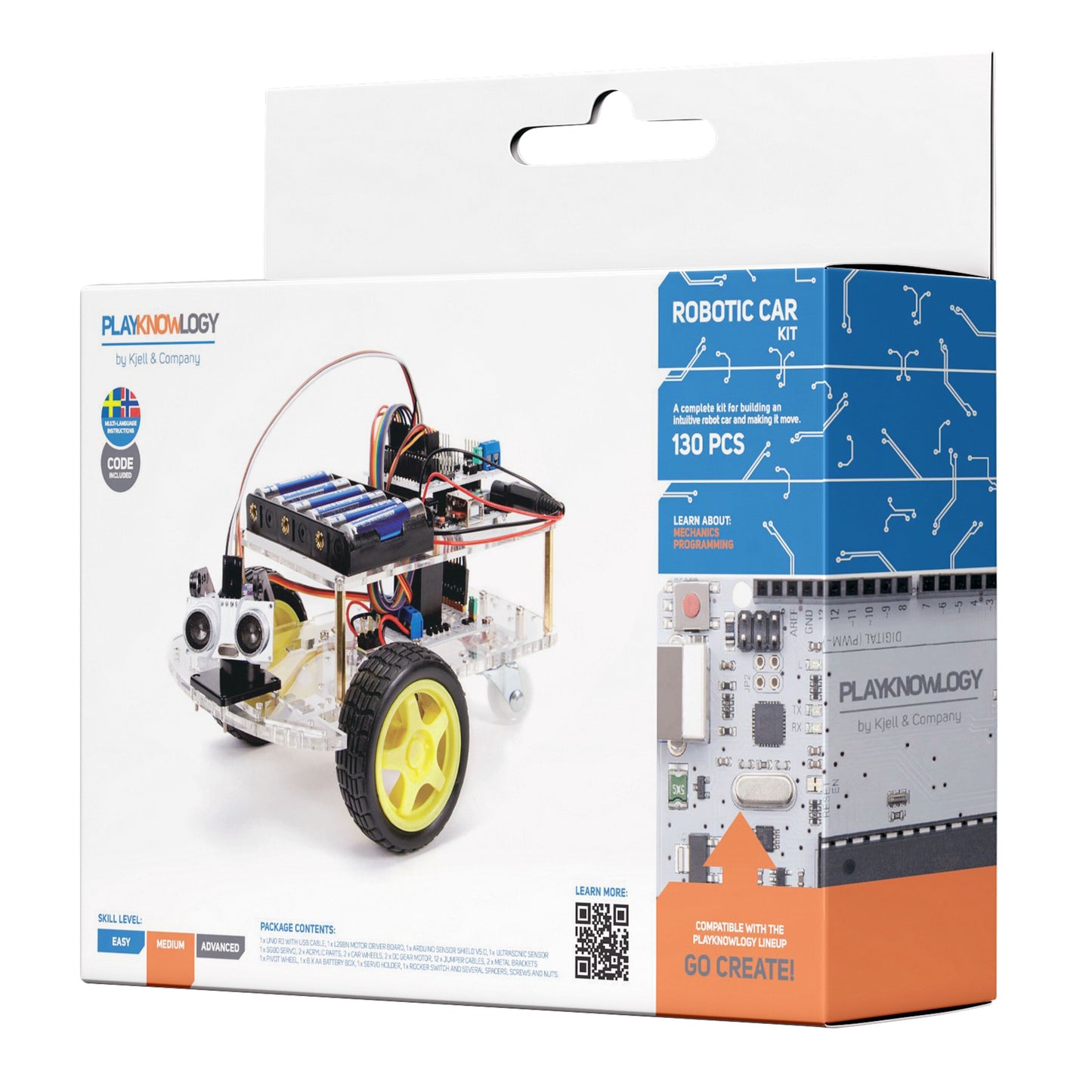 Playknowlogy Arduino Robotbil Startpakke 130 dele til robotbil med gule hjul, sensorer og ledninger.