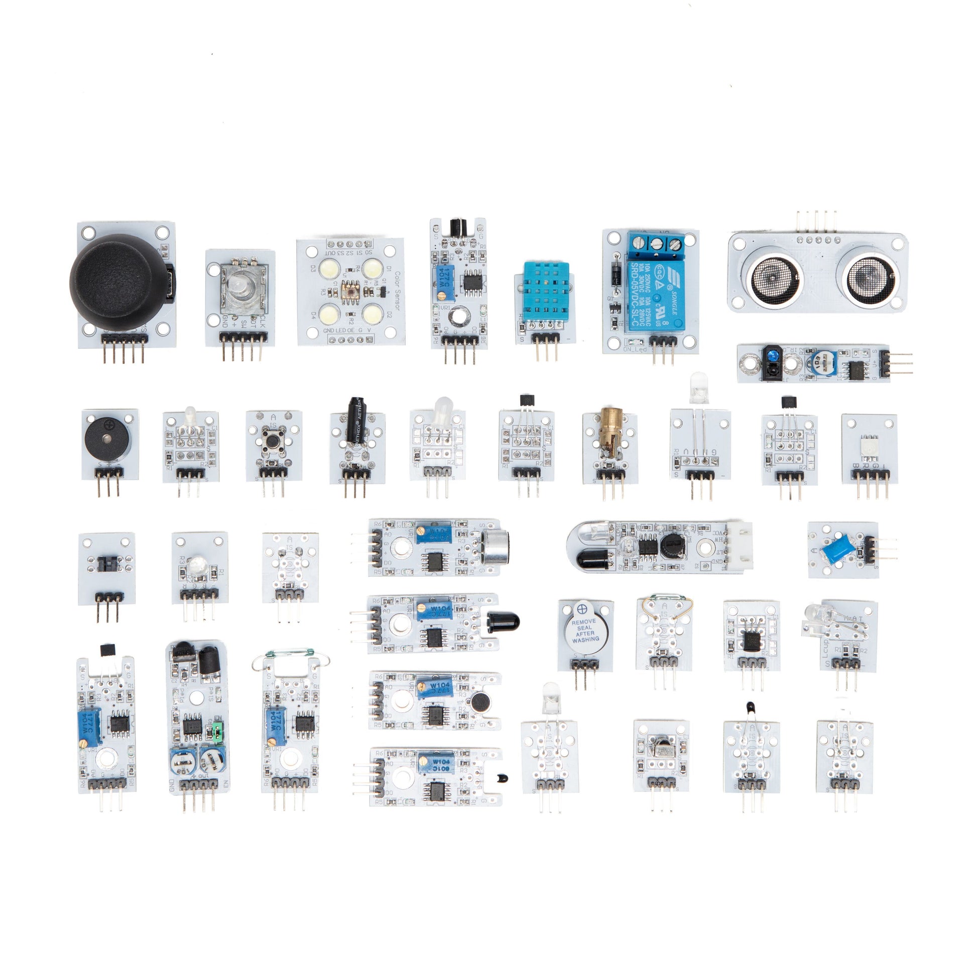 Arduino modulpakke med joystick, relæ, temperatur-, fugtigheds-, lyd- og ultralydssensorer.
