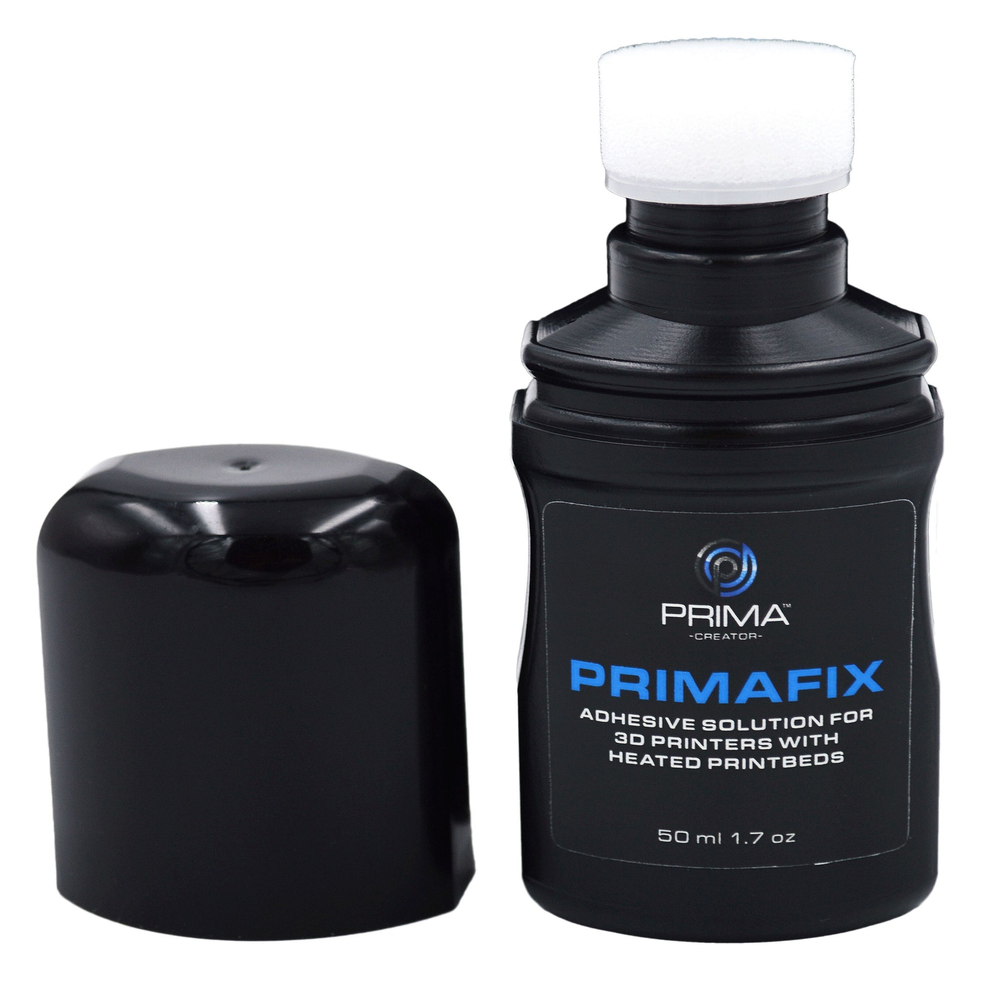 Primacreator Primafix lim til 3D-print, 50 ml flaske med applikatorhætte og sort låg.