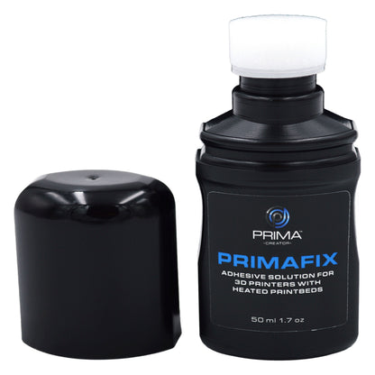 Primacreator Primafix lim til 3D-print, 50 ml flaske med applikatorhætte og sort låg.