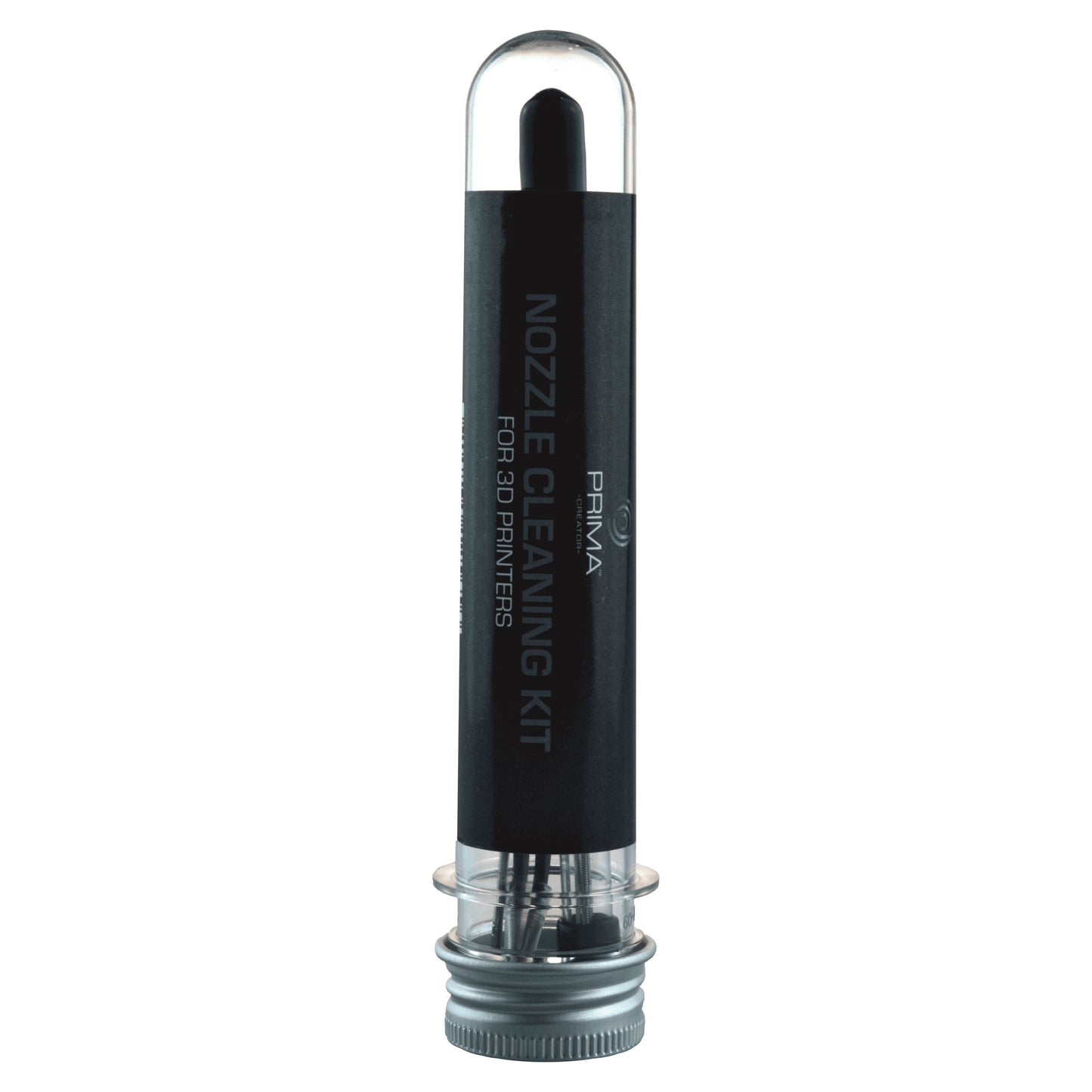 PrimaCreator Rengøringskit i gennemsigtig cylinder med sort label og metalskruelåg til printehoved-rengøring.