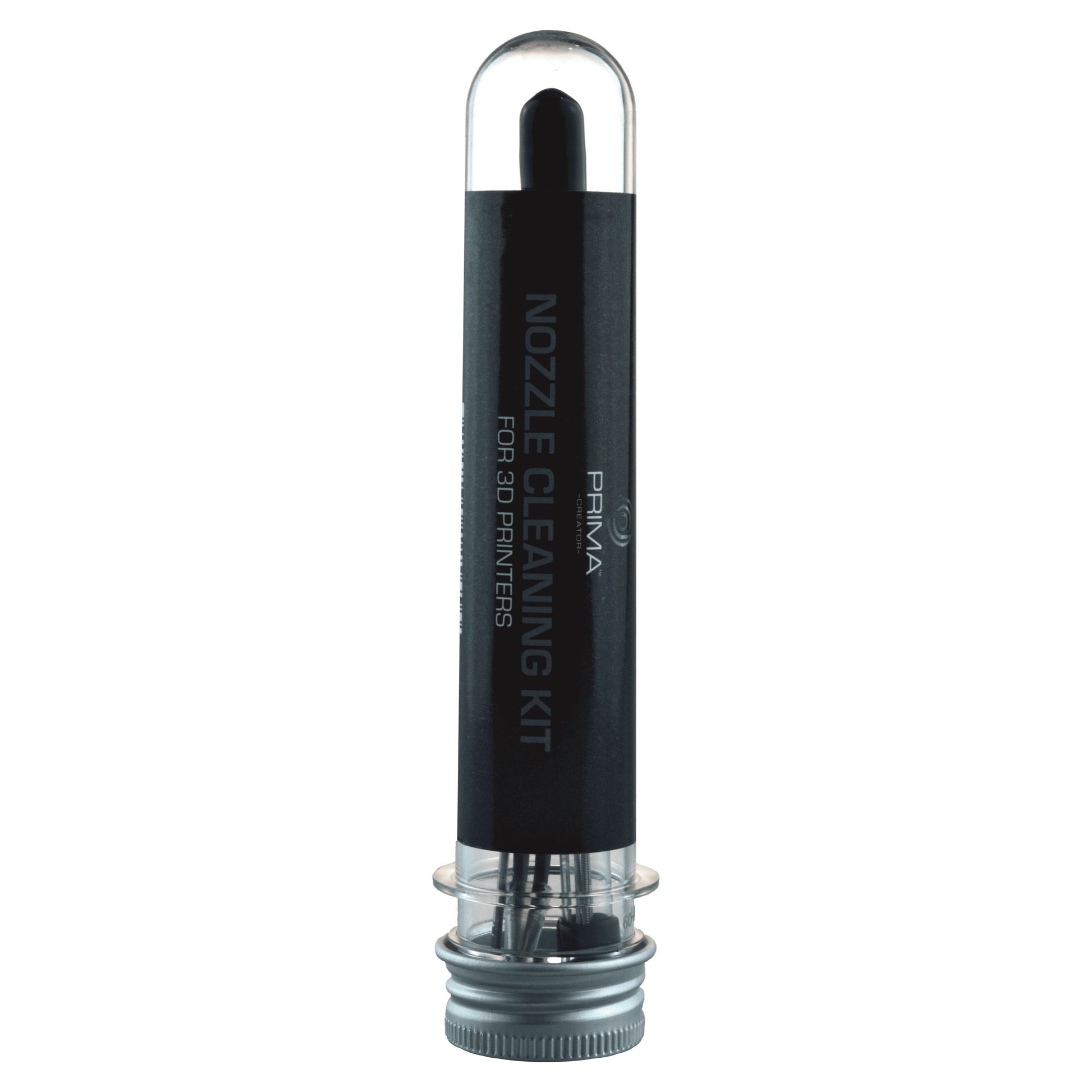 PrimaCreator Rengøringskit i gennemsigtig cylinder med sort label og metalskruelåg til printehoved-rengøring.