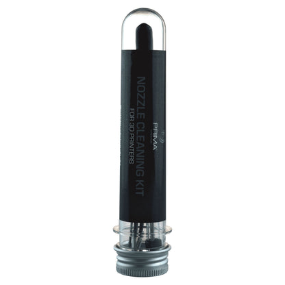 PrimaCreator Rengøringskit i gennemsigtig cylinder med sort label og metalskruelåg til printehoved-rengøring.