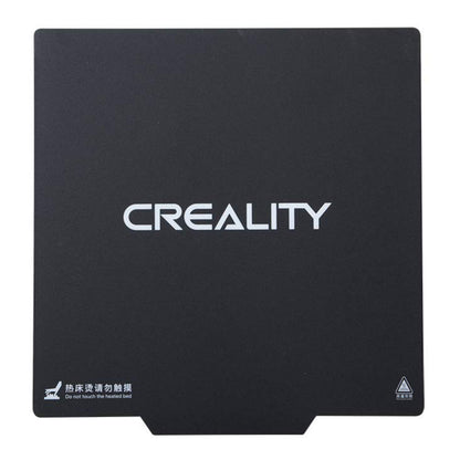 Creality 3D magnetisk trykflade sort, hvidt CREALITY-logo centralt, advarselssymboler i hjørner, til Ender-3 Pro.