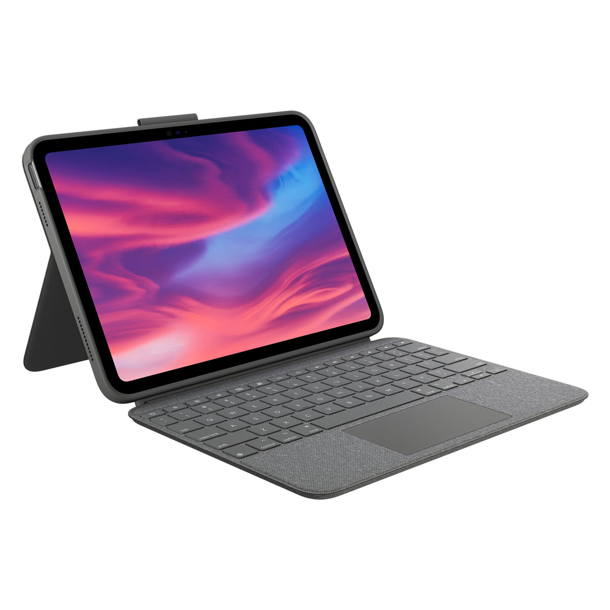 Gråt Logitech Combo Touch-tastaturcover til iPad 10. generation med trackpad og indbygget støttefod.
