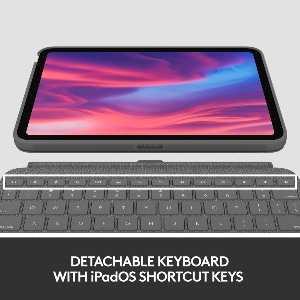 Logitech Combo Touch gråt tastaturcover til iPad 10. generation med aftageligt tastatur og iPadOS-genvejstaster.