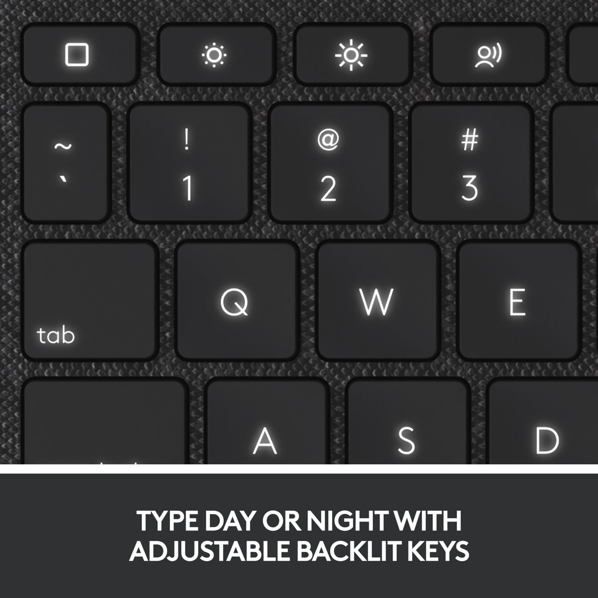 Logitech Combo Touch-tastaturcover til iPad 10. generation og iPad A16, grå, med baggrundsbelyste taster og tekst.