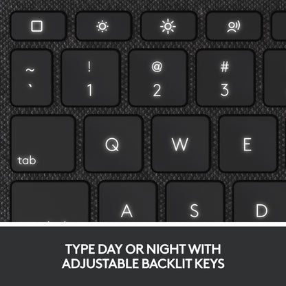 Logitech Combo Touch-tastaturcover til iPad 10. generation og iPad A16, grå, med baggrundsbelyste taster og tekst.