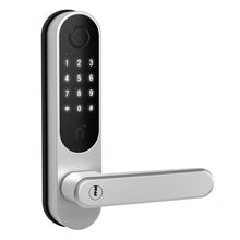 NIMLY Touch Pro elektronisk dørlås i sort/sølv med fingeraftrykslæser, oplyst tastatur, nøglehul og højrehængt håndtag.