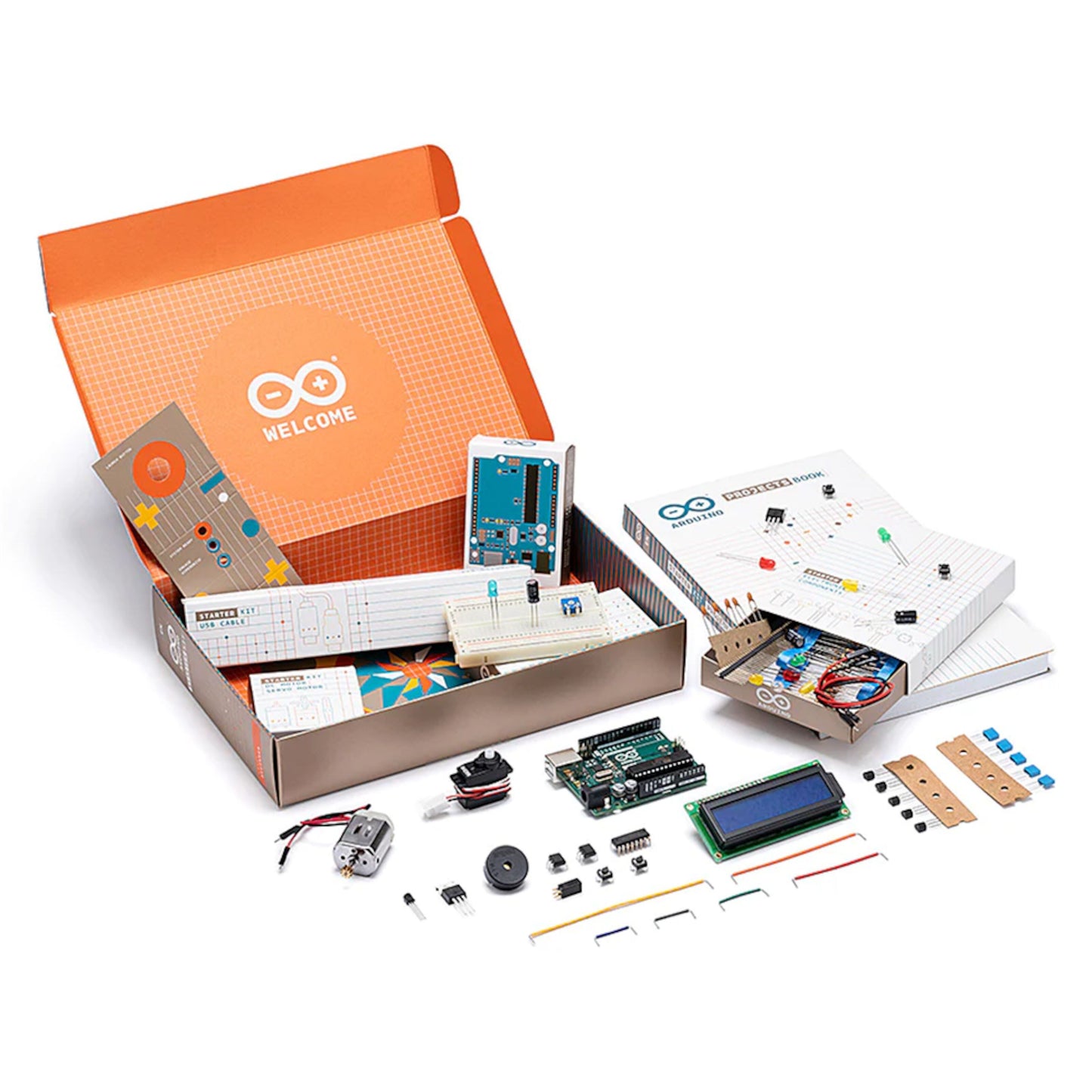 Arduino Starterpakke i orange kasse med breadboard, ledninger, sensorer, display og vejledninger.