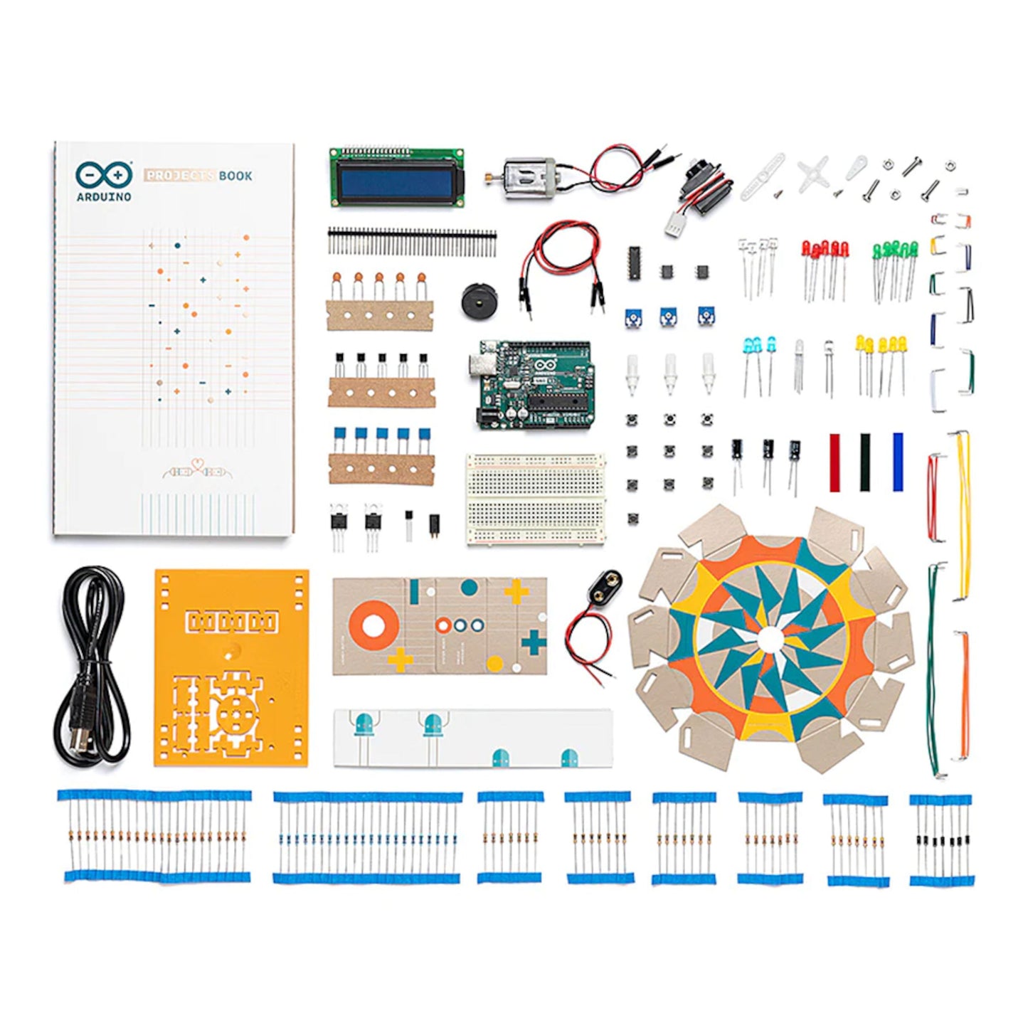 Arduino Starterpakke med Arduino board, projektbog, breadboard, ledninger, sensorer, LCD skærm, knapper og komponenter.