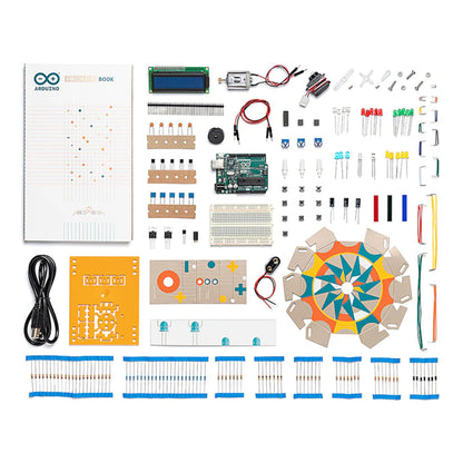Arduino Starterpakke med Arduino board, projektbog, breadboard, ledninger, sensorer, LCD skærm, knapper og komponenter.
