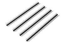 Luxorparts Stiftliste 4-pak, 40x1 vinklet, sort og sølv dobbeltrækket hanstik til printkort/Arduino, arrangeret diagonalt.