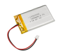 Li-Po batteri 3,7 V 1200 mAh med gul tape, sorte/røde ledninger og hvidt stik, genopladeligt.