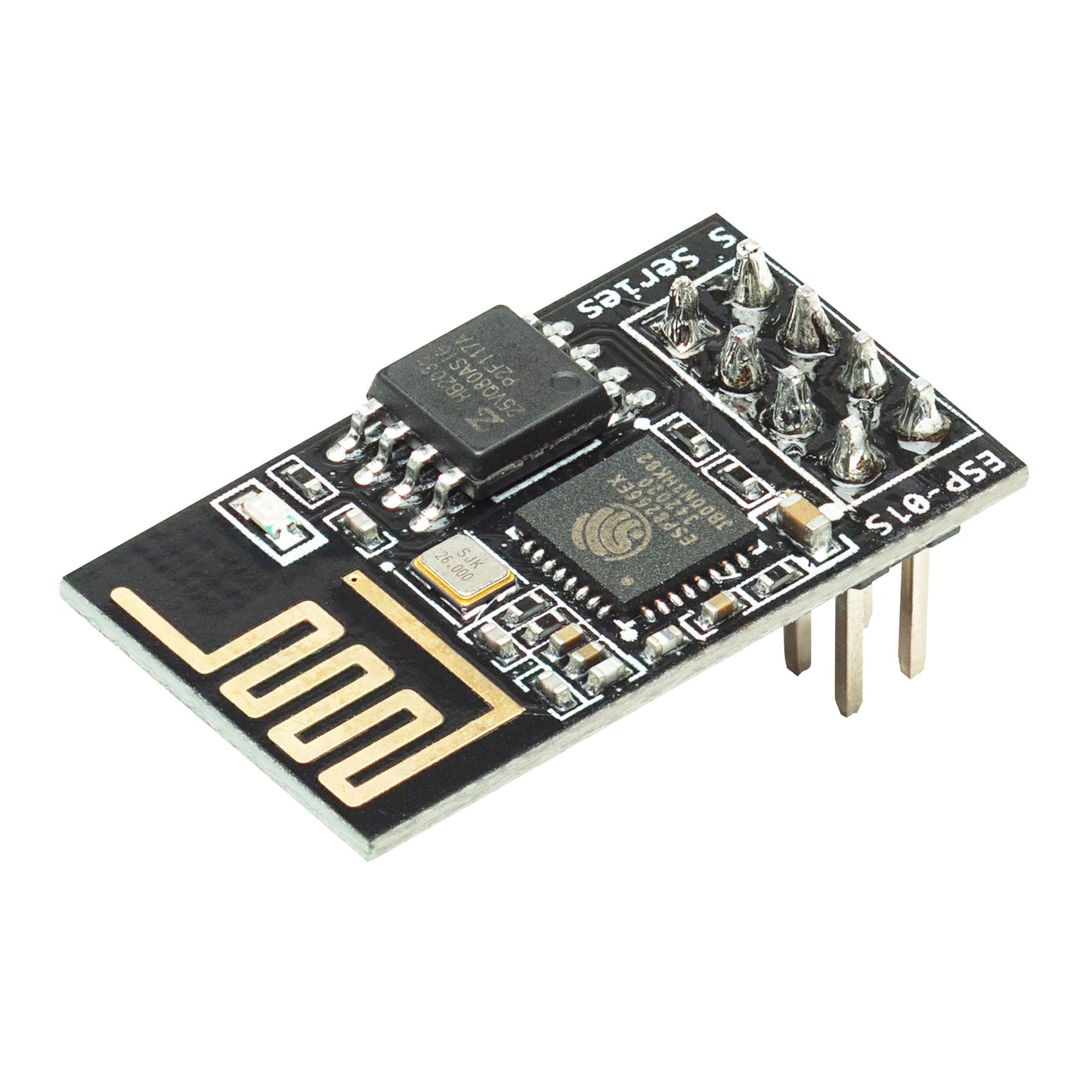Wifi-modul til Arduino ESP8266 med 4 GHz PCB-antenne, sort printplade, fire header-pins.