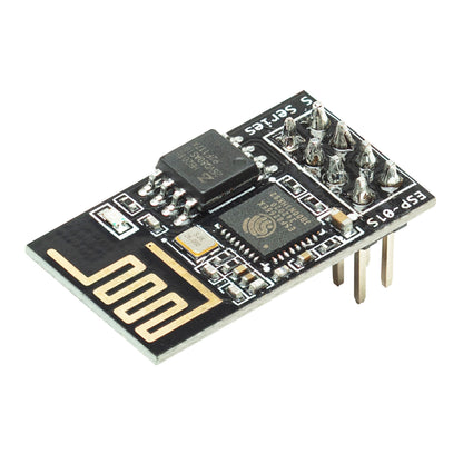 Wifi-modul til Arduino ESP8266 med 4 GHz PCB-antenne, sort printplade, fire header-pins.