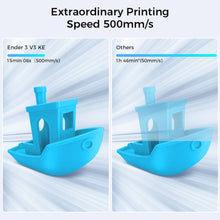Creality Ender 3 v3 KE 3D-printer, printet model til venstre (15min08s, 500mm/s), sammenlignet med andet fabrikat.