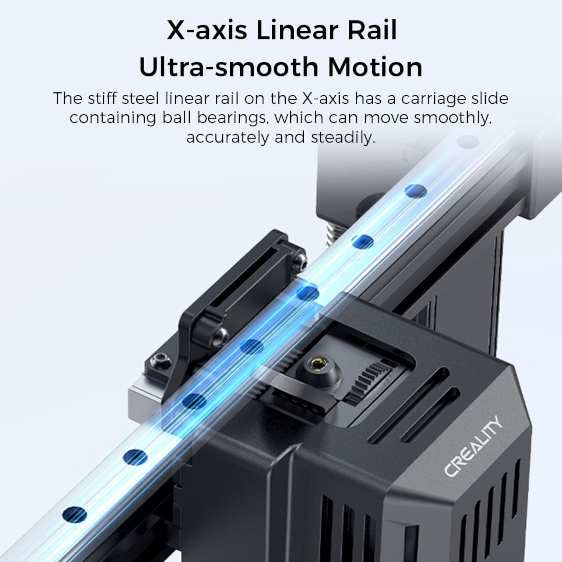 Creality Ender 3 v3 KE 3D-printer X-akse lineær skinne med kuglelejer close-up, sort metal, synlige bevægelsesdele.