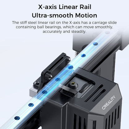 Creality Ender 3 v3 KE 3D-printer X-akse lineær skinne med kuglelejer close-up, sort metal, synlige bevægelsesdele.