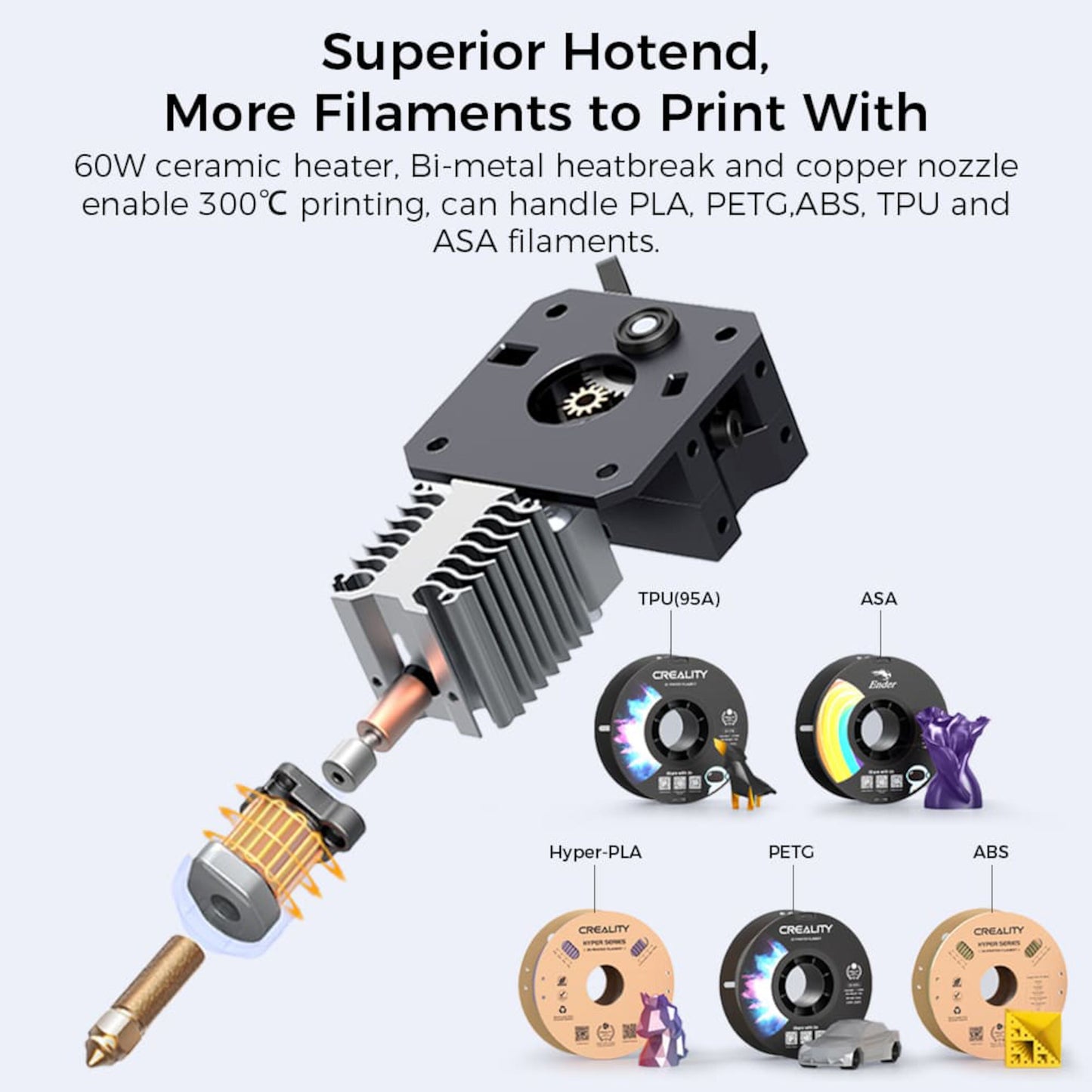 Creality Ender 3 v3 KE hotend med 60W varmer, bi-metal heatbreak, kobberdyse, til TPU, ASA, Hyper-PLA, PETG og ABS.