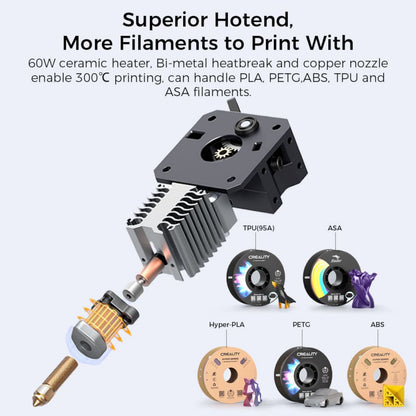 Creality Ender 3 v3 KE hotend med 60W varmer, bi-metal heatbreak, kobberdyse, til TPU, ASA, Hyper-PLA, PETG og ABS.