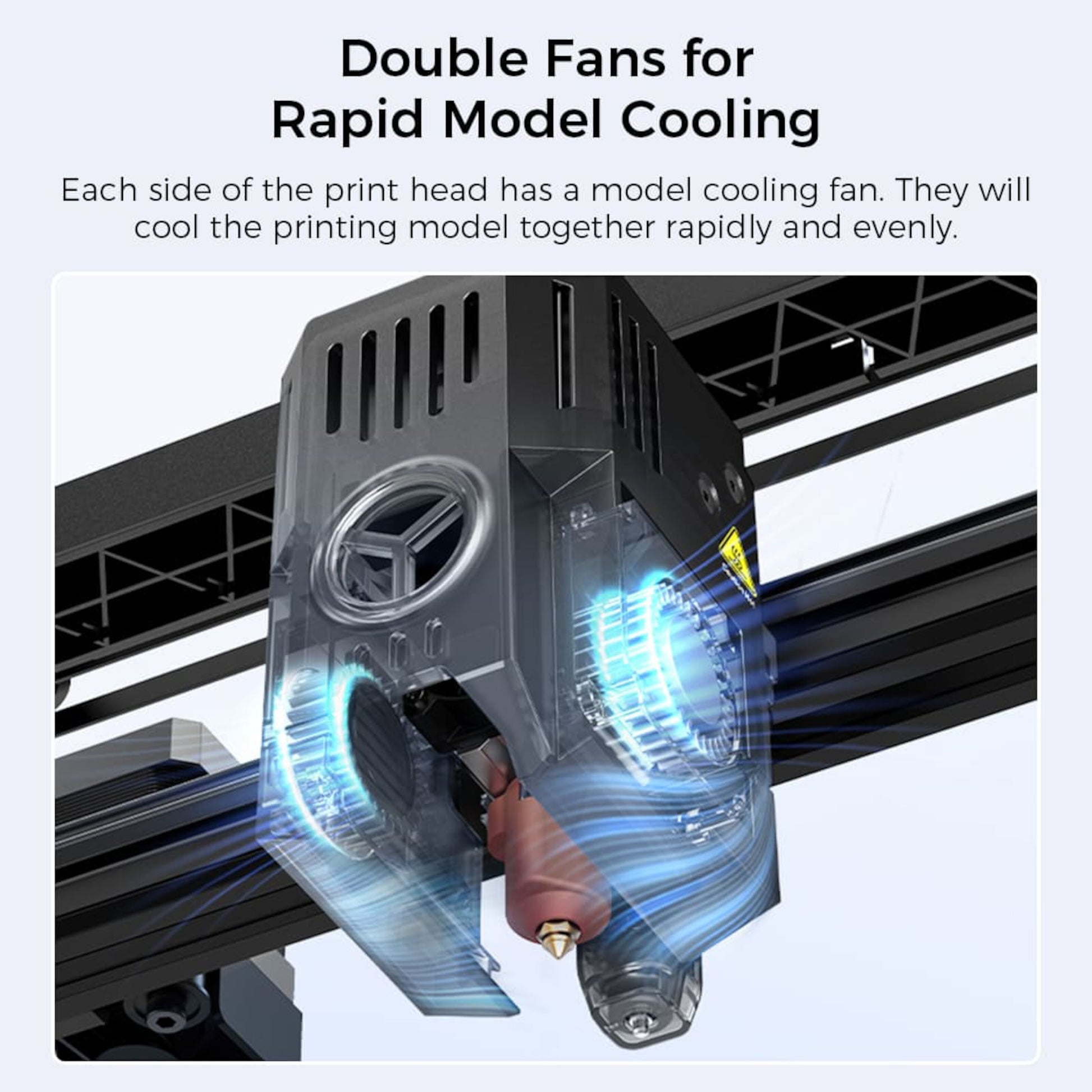 Creality Ender 3 v3 KE 3D-printerhoved med to blålyskøleventilatorer og touchskærm, hurtigt afkølingsflow vises.