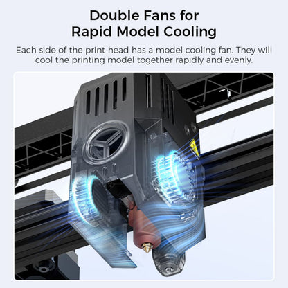 Creality Ender 3 v3 KE 3D-printerhoved med to blålyskøleventilatorer og touchskærm, hurtigt afkølingsflow vises.