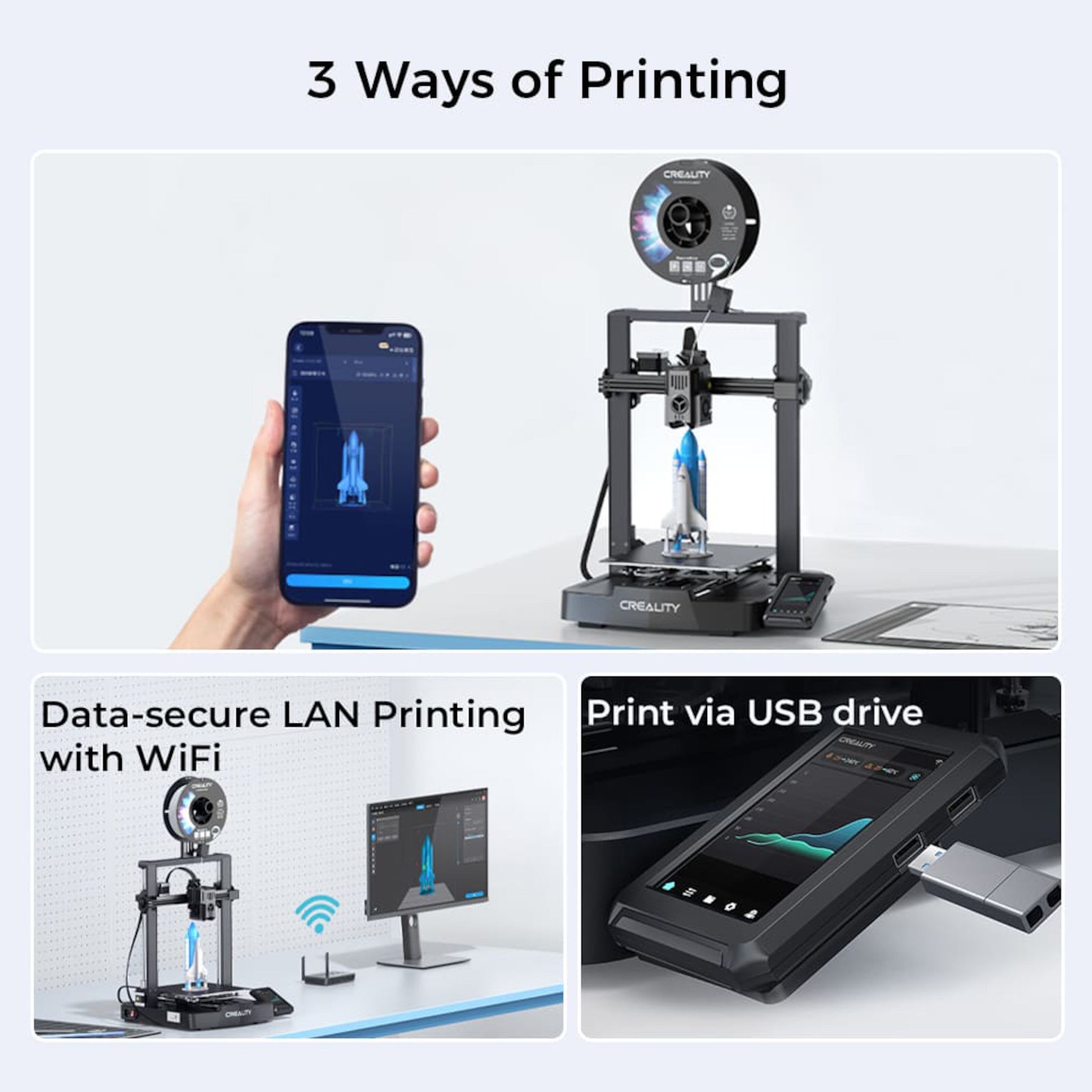 Creality Ender 3 v3 KE 3D-printer sort, kontrol via app, LAN eller USB, betjening med touchscreen.
