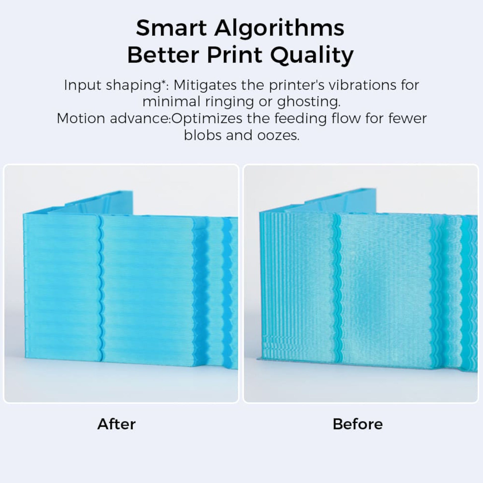 Creality Ender 3 v3 KE blå 3D-print sammenligning, venstre med glatte lag, højre med ujævne linjer, tekst om smart algoritme.